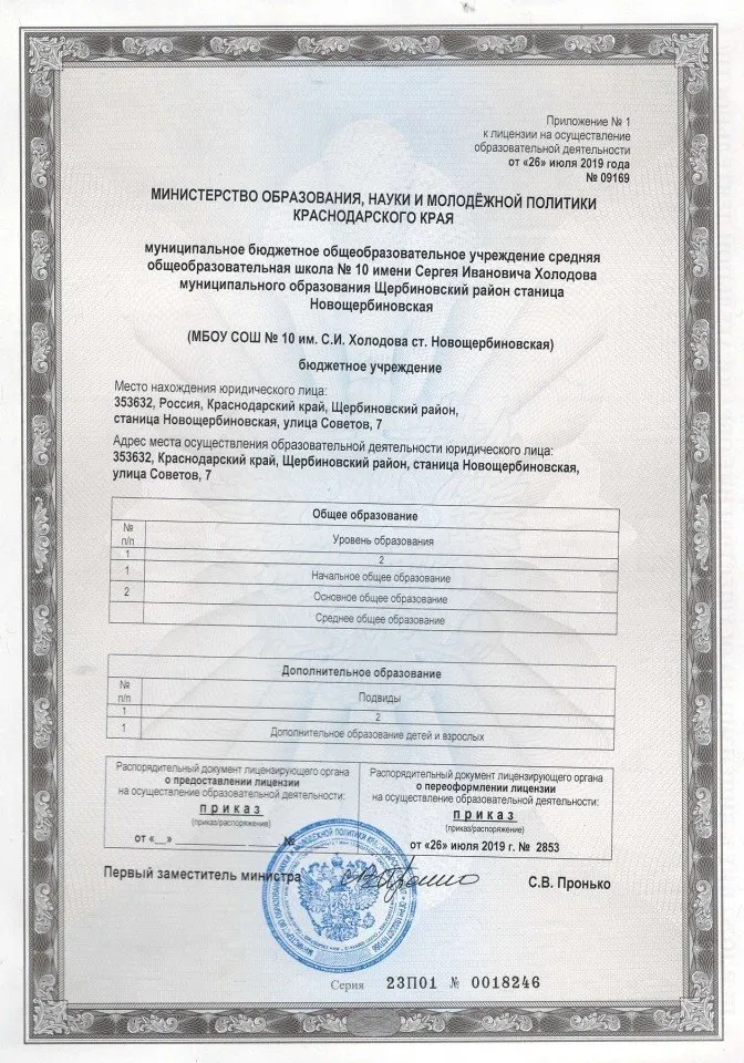 Приложение к Лицензии на осуществление образовательной деятельности